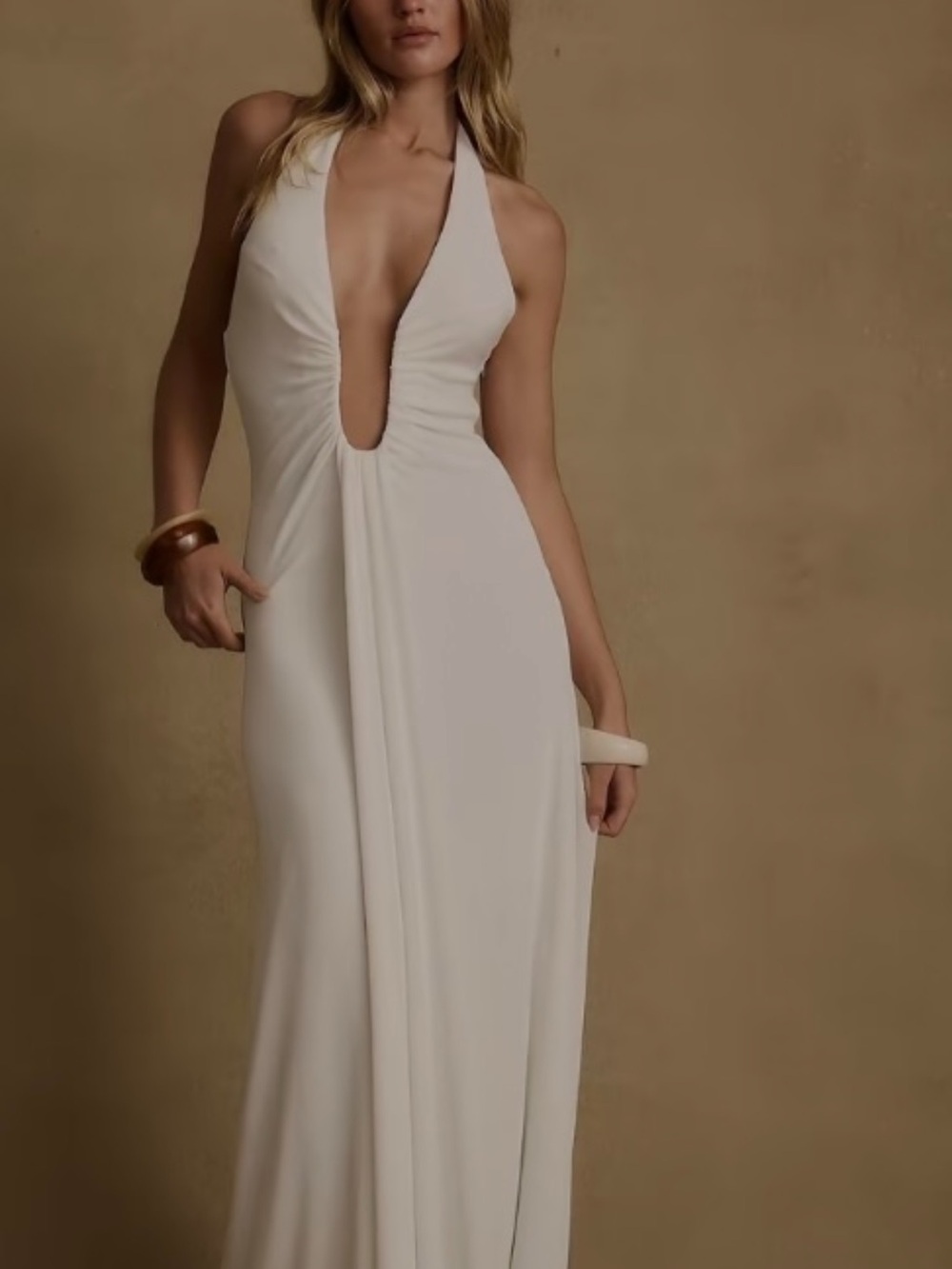 12th Tribe White Backless Halter Plunge Maxi Dress